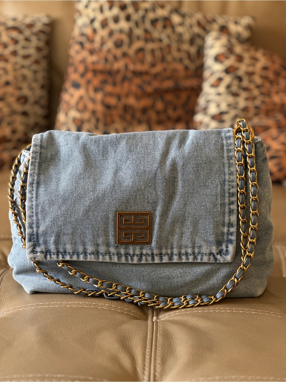 Blue Denim Shoulder Bag with Gold Chain